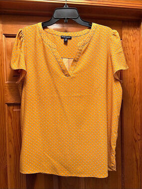 Hilary Radley Yellow Polka Dot Short Sleeve V-Neck Blouse yellow, black & White